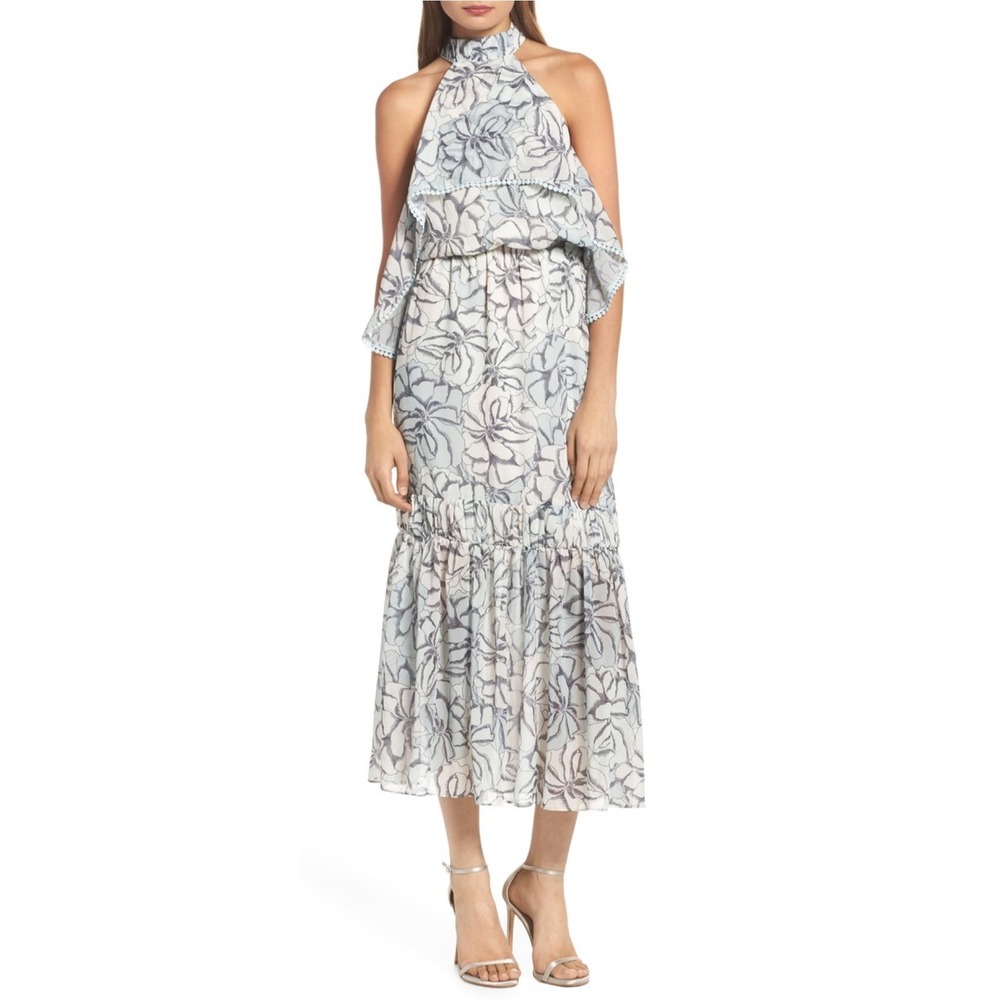 Foxiedox Women's Maxi Dress Floral Print Sheer‎ Sleeves Lined White Blue Medium